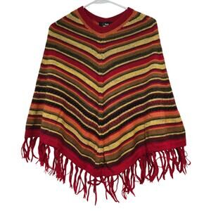 Inca Sweaters Peru Alpaca Striped Chevron Pattern Boho Fringed Poncho - One Size